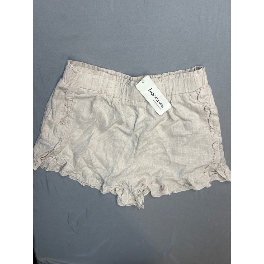 Impressions Ruffle Trim Linen Blend Shorts Beige Elastic Waist NP70048 Womens L
